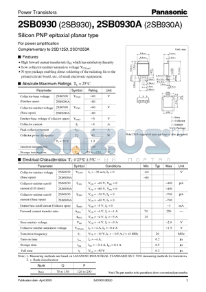 2SB930 datasheet - For Power Amplification