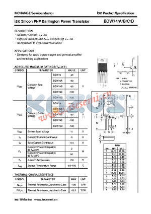 BDW74D datasheet - isc Silicon PNP Darlington Power Transistor