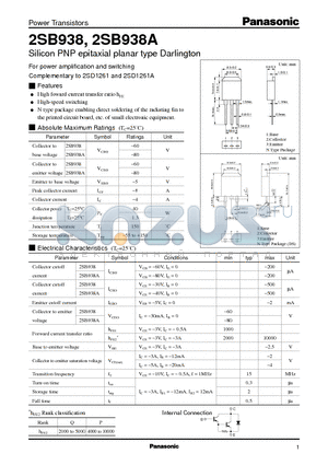 2SB938 datasheet - Silicon PNP epitaxial planar type Darlington(For power amplification and switching)