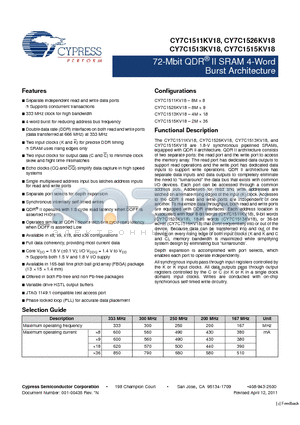 CY7C1526KV18-333BZXC datasheet - 72-Mbit QDR II SRAM 4-Word Burst Architecture