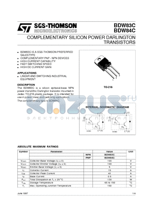 BDW83C datasheet - COMPLEMENTARY SILICON POWER DARLINGTON TRANSISTORS