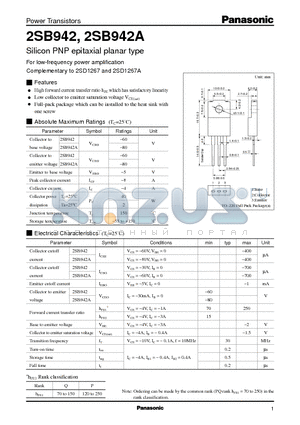 2SB942 datasheet - Silicon PNP epitaxial planar type(For low-frequency power amplification)