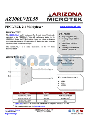 AZ100LVEL58DG datasheet - PECL/ECL 2:1 Multiplexer