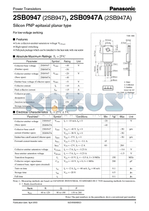 2SB947 datasheet - For Low-Voltage Switcing