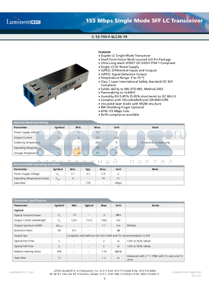 C-13-155-F-SLC3S-19-G5 datasheet - 155 Mbps Single Mode SFF LC Transceiver