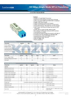 C-13-155-F-SLC3AS-G5 datasheet - 155 Mbps Single Mode SFF LC Transceiver