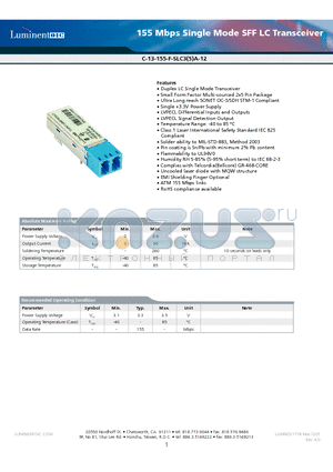 C-13-155-F-SLC5A-12 datasheet - 155 Mbps Single Mode SFF LC Transceiver