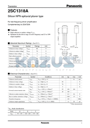 1318 datasheet - Silicon NPN epitaxial planer type(For low-frequency driver amplification)