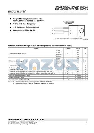 BDW94 datasheet - PNP SILICON POWER DARLINGTONS