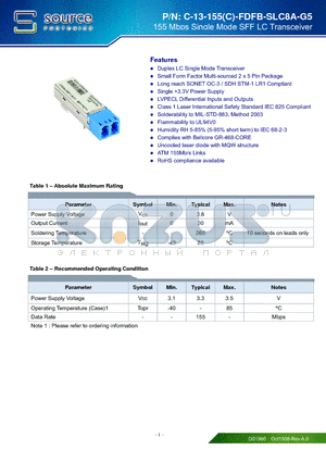 C-13-155-FDFB-SLC8A-G5 datasheet - 155 Mbps Single Mode SFF LC Transceiver