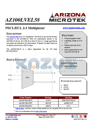 AZ100LVEL58TG datasheet - PECL/ECL 2:1 Multiplexer