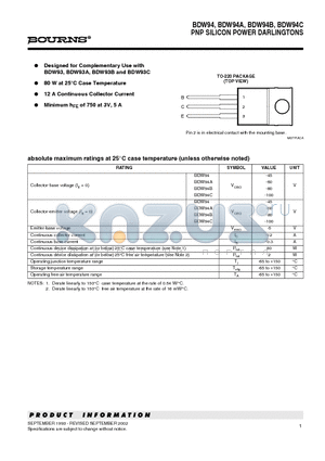 BDW94A datasheet - PNP SILICON POWER DARLINGTONS