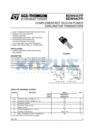 BDW94CFP datasheet - COMPLEMENTARY SILICON POWER DARLINGTON TRANSISTORS