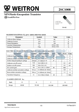 2SC1008 datasheet - NPNPlastic-Encapsulate Transistor
