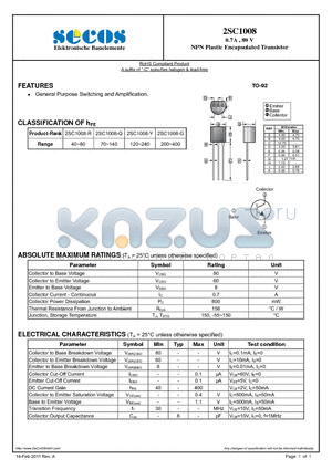 2SC1008 datasheet - NPN Plastic Encapsulated Transistor