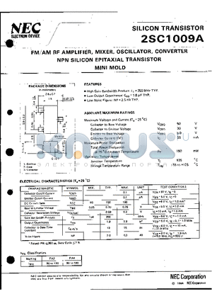 2SC1009 datasheet - FM/AM RF AMPLIFIER, MIXER,OSCILLATOR,CONVERTER  PNP SILICON EPITAXIAL TRANSISTOR MINI MOLD