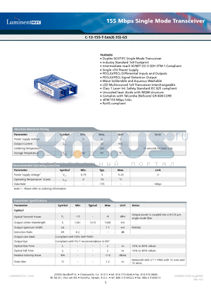C-13-155-T-SST3-55-G5 datasheet - 155 Mbps Single Mode Transceiver