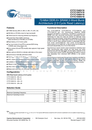 CY7C1546V18-300BZXC datasheet - 72-Mbit DDR-II SRAM 2-Word Burst Architecture (2.0 Cycle Read Latency)