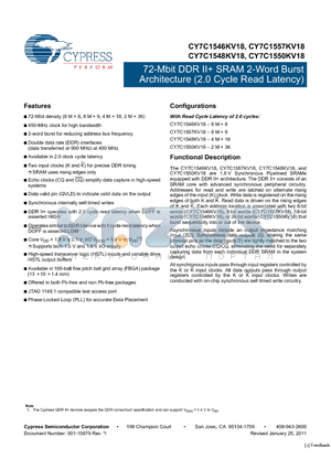 CY7C1550KV18-450BZXC datasheet - 72-Mbit DDR II SRAM 2-Word Burst Architecture (2.0 Cycle Read Latency)