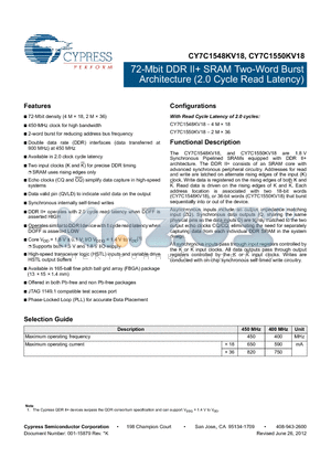 CY7C1550KV18-400BZXI datasheet - 72-Mbit DDR II SRAM Two-Word Burst Architecture (2.0 Cycle Read Latency)