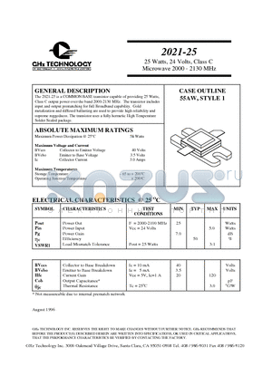 2021-25 datasheet - 25 Watts, 24 Volts, Class C Microwave 2000 - 2130 MHz