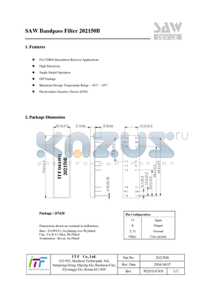 202150B datasheet - SAW Bandpass Filter