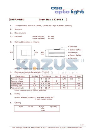 132141L datasheet - GaAlAs / GaAlAs LED Chips (substrate removed)