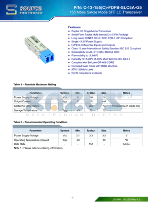 C-13-155C-FDFB-SLC8A-G5 datasheet - 155 Mbps Single Mode SFF LC Transceiver