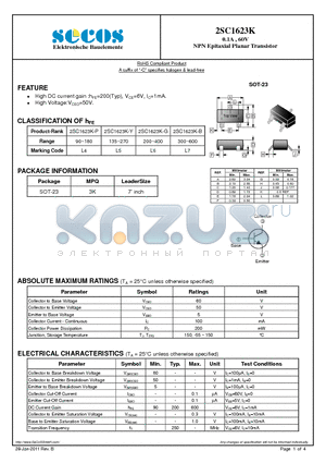 2SC1623K_11 datasheet - 0.1A , 60V NPN Epitaxial Planar Transistor