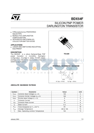 BDX54F datasheet - SILICON PNP POWER DARLINGTON TRANSISTOR