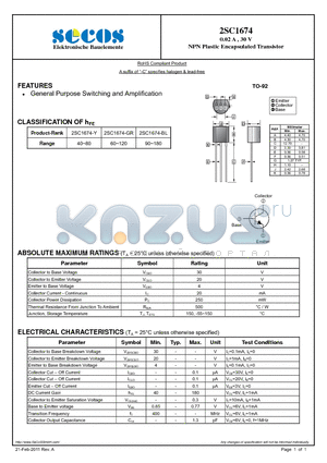 2SC1674 datasheet - NPN Plastic Encapsulated Transistor