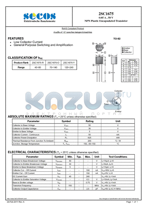2SC1675 datasheet - NPN Plastic Encapsulated Transistor