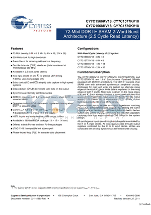 CY7C1568KV18-400BZXC datasheet - 72-Mbit DDR II SRAM 2-Word Burst Architecture (2.5 Cycle Read Latency)