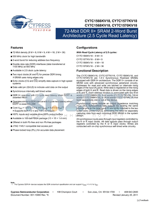 CY7C1568KV18-400BZXI datasheet - 72-Mbit DDR II SRAM 2-Word Burst Architecture (2.5 Cycle Read Latency)