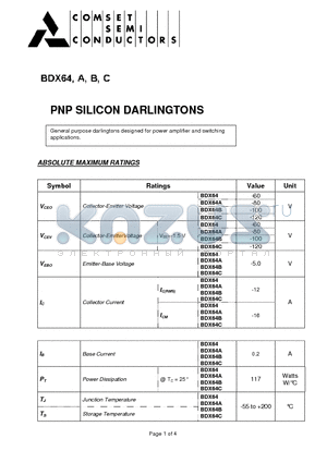BDX64B datasheet - PNP SILICON DARLINGTONS
