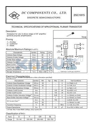 2SC1815 datasheet - TECHNICAL SPECIFICATIONS OF NPN EPITAXIAL PLANAR TRANSISTOR