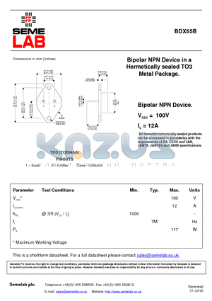 BDX65B datasheet - Bipolar NPN Device