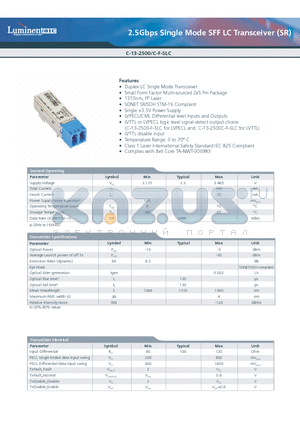 C-13-2500-F-SLC datasheet - 2.5Gbps Single Mode SFF LC Transceiver (SR)