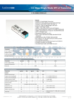 C-13-2500-FDFB-SLC4 datasheet - 2.5 Gbps Single Mode SFF LC Transceiver