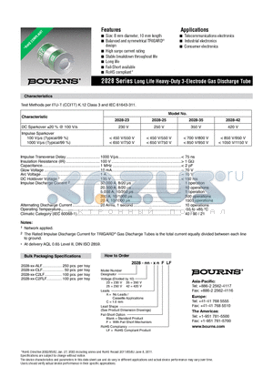 2028 datasheet - 2028 Series Long Life Heavy-Duty 3-Electrode Gas Discharge Tube