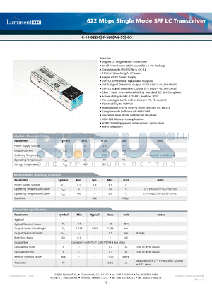 C-13-622-F-SLC-G5 datasheet - 622 Mbps Single Mode SFF LC Transceiver