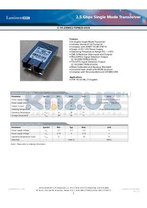 C-13-2500C-TDFB-SSC2 datasheet - 2.5 Gbps Single Mode Transceiver