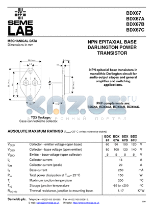 BDX67A datasheet - NPN EPITAXIAL BASE DARLINGTON POWER TRANSISTOR