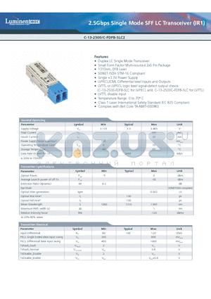 C-13-2500C-FDFB-SLC2 datasheet - 2.5Gbps Single Mode SFF LC Transceiver (IR1)