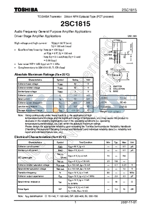 2SC1815YTE2FT datasheet - Audio Frequency General Purpose Amplifier Applications Driver Stage Amplifier Applications