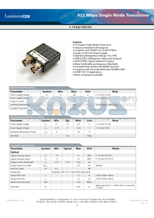 C-13-622-T3-SFC-G5 datasheet - 622 Mbps Single Mode Transceiver