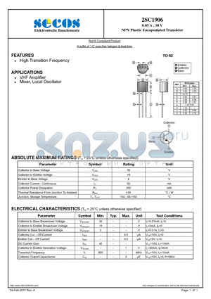 2SC1906 datasheet - NPN Plastic Encapsulated Transistor