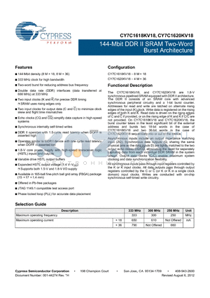 CY7C1618KV18-300BZXC datasheet - 144-Mbit DDR II SRAM Two-Word Burst Architecture