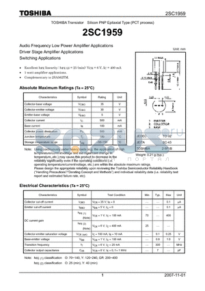 2SC1959 datasheet - Silicon PNP Epitaxial Type (PCT process)