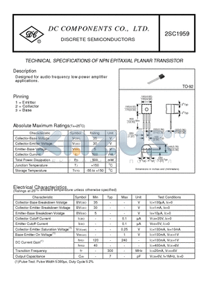 2SC1959 datasheet - TECHNICAL SPECIFICATIONS OF NPN EPITAXIAL PLANAR TRANSISTOR